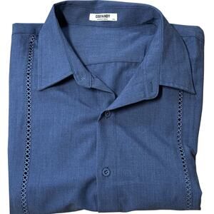 Coofandy Cuban Guayabera Shirt Mens XXL Button Up Embroidered Blue Long Sleeve